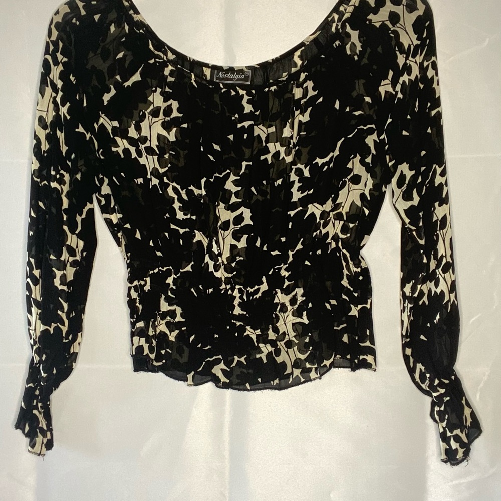 Black/Cream Long Sleeve Floral Top - Medium